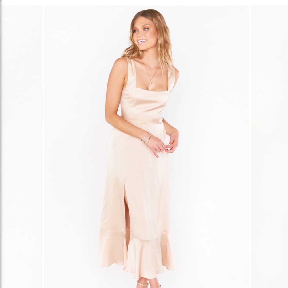 Show Me Your Mumu Claire Midi Dress in Champagne Luxe Satin, Size M